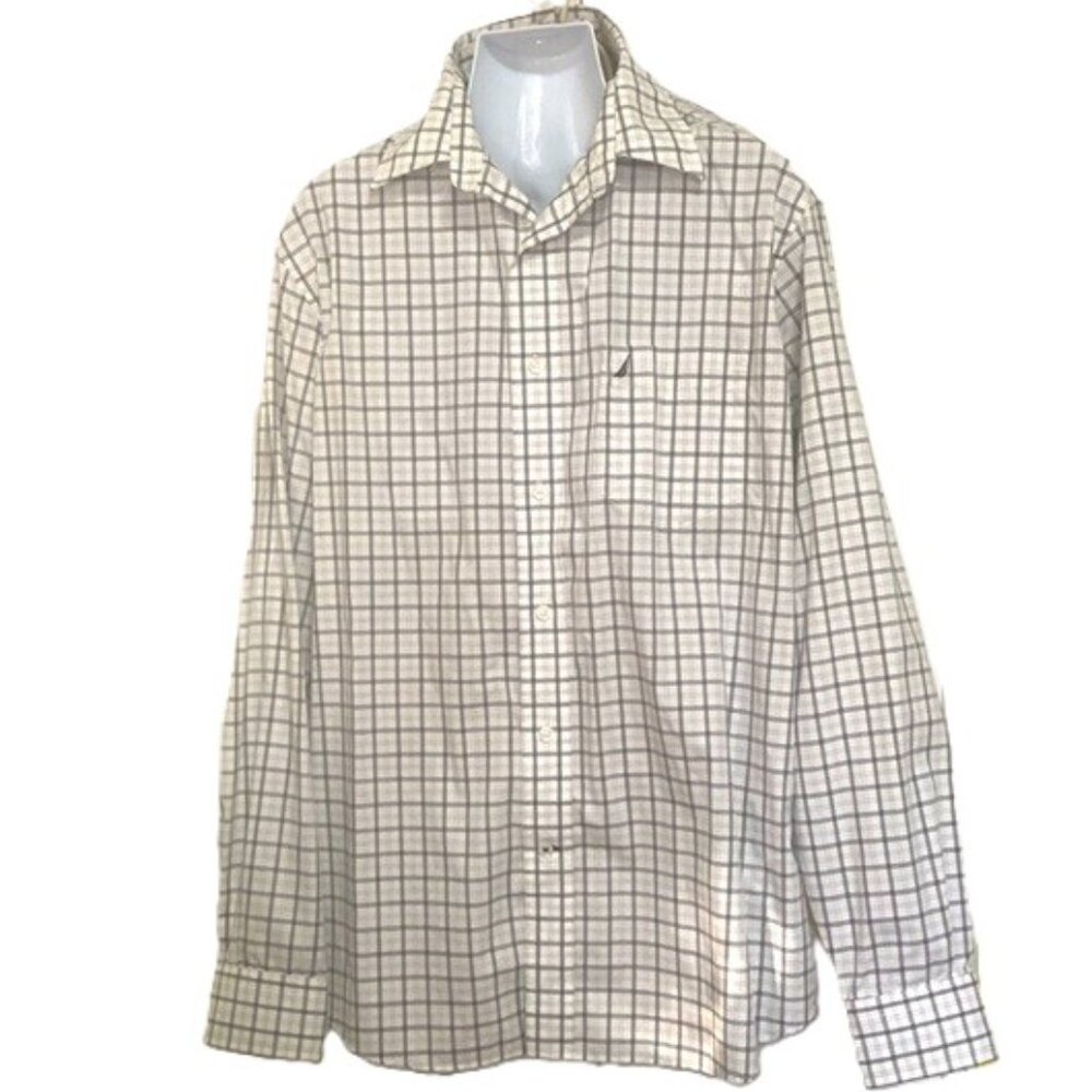 NAUTICA Button Down Long Sleeves Dress Shirt White with Blue Checks Mens Large